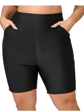 Halcurt Black High Waisted Quick Dry Modest Swim Board Shorts 1X